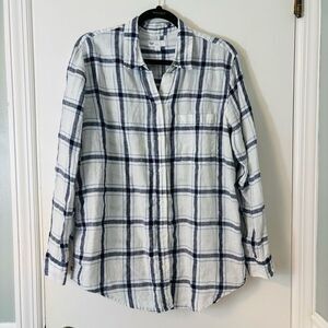 GAP 100% Linen L black, white, blue plaid button front pocket shirt